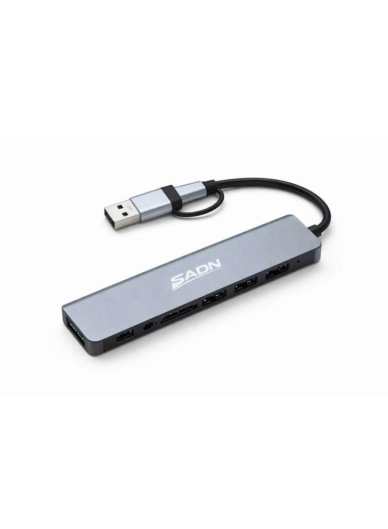 Sadn 8-in-1 USB-C Hub & Docking Station, Dual Connector (USB-C + USB-A Adapter), 4K HDMI, VGA, Gigabit Ethernet, 2x USB 3.0, SD/TF Card Reader, 100W PD Charging Port, Aluminum - Grey - Image 2